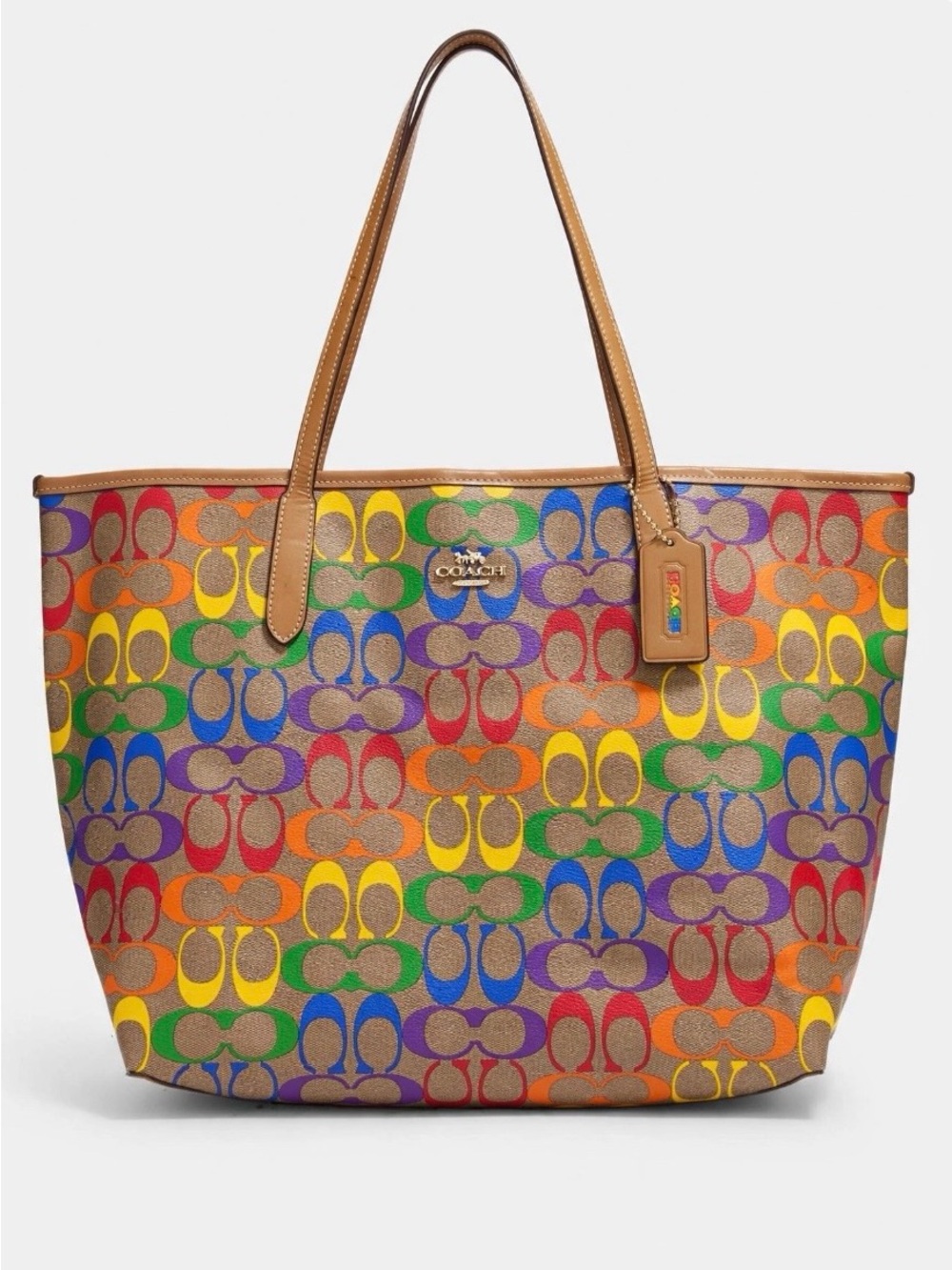 Coach Rainbow Signature Canvas Tote with Tan Leather Trim